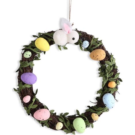 Guirlande De Pâques - Couronne De Lapin Et Œufs Colorés Sur Cadre En Rotin - Décoration De Porte D'Entrée Et Murale Pour Intérieur Et Extérieur - 24 Cm - 1 Pièce (1/3)