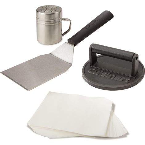 Cuisinart Kit Pressa Burger in Ghisa 17 cm  Smash Burger Press con Spatola e Carta Antiaderente  Pressa Robusta per BBQ, Piastra e Padella  Interno/Esterno (1/5)