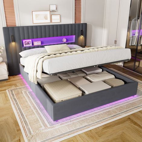 Cama con canapé 180x200 cm, cama con almacenamiento hidráulico, lámparas de lectura LED regulables y puertos USB, en terciopelo gris oscuro (1/5)