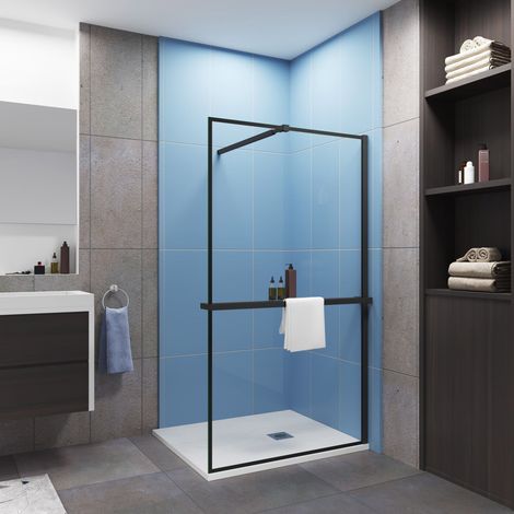 Paroi de douche à l'italienne cadre noir 80x200cm installé avec une barre de fixation noir 73-120cm extensible,livré avec étagère de douche noir