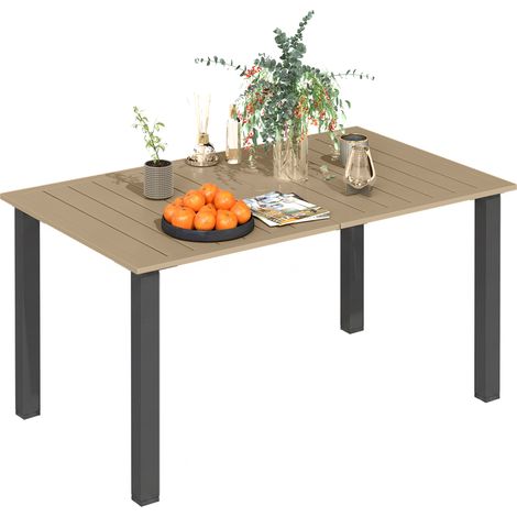 Tavolo Giardino Rettangolare con Foro Ombrellone – Per 6 Persone – Piano a Doghe in Metallo, Struttura Acciaio – 150x90x73 cm – Marrone
