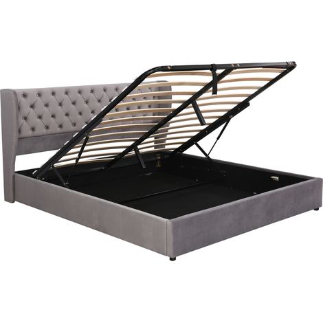 Letto capitonné 180x200 cm in velluto grigio con contenitore e rete a doghe (1/5)
