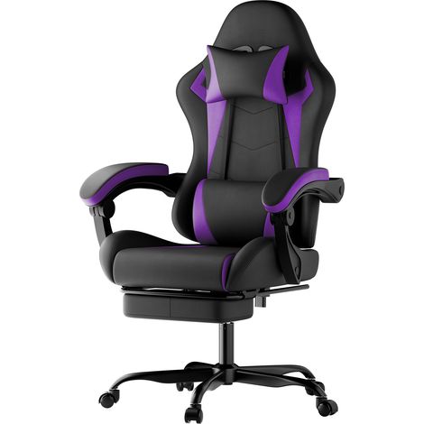 Chaise de gaming ergonomique HOMVRA avec appui-tête et lombaire réglables, dossier inclinable, hauteur ajustable, noir violet (1/5)