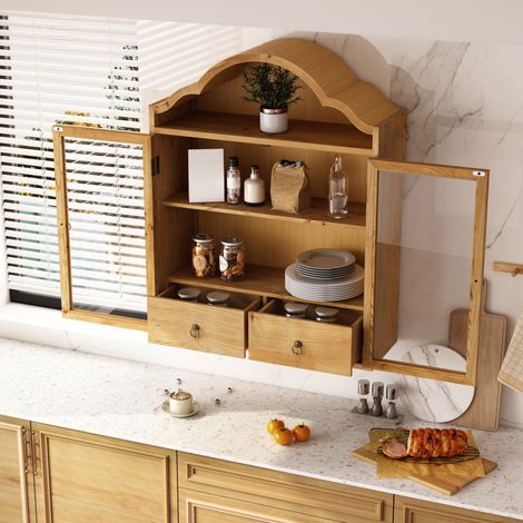 Meuble mural 60x22x76,5 cm avec étagères réglables et tiroirs, bois et verre trempé - naturel (1/5)