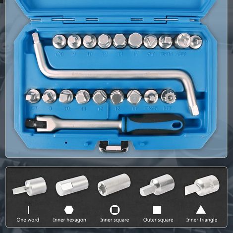 Kit de 21 pièces 3/8" pour bouchon de vidange d'huile avec douille à six pans creux triangle Torx Spline Bit, clé de 8-10mm pour bouchon de vidange d'huile Outil de réparation automobile (1/4)