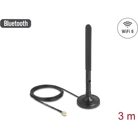 Delock Antena WiFi 6 RP-SMA macho 3 dBi omnidireccional con cable de conexiÃ³n RG-174 3 m con junta basculante con base magnÃ©tica negra