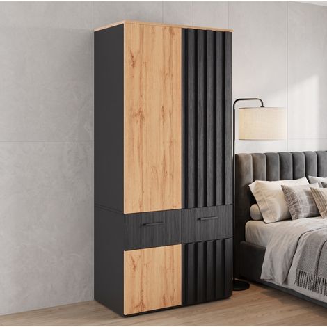 MODFU – Armadio 90x50x200 cm in MDF/truciolato con appendiabiti, 2 cassetti, mensole, frontali a lamelle e carico 30/20 kg – Nero/legno naturale (1/5)