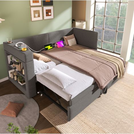 Cama diván tapizada 90x200 cm gris en mezcla de algodón y lino, con cama nido, brazos reversibles USB/Type-C
