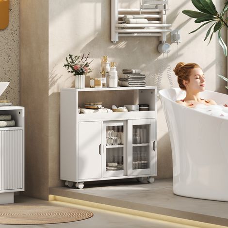 Meuble de salle de bain en bois avec roulettes, espace ouvert, étagères réglables et portes vitrées, 71 x 20 x 70 cm, blanc (1/5)