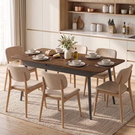Table de salle à manger extensible 130-160 cm, table de cuisine aux angles arrondis, noyer clair (1/5)