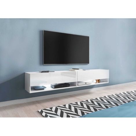 Meuble TV suspendu 2 portes 2 niches blanc ROMANE XXL - 180 cm (1/4)