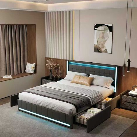 Lit coffre double adulte 140x200 cm en lin rembourré avec LED RGB, tête de lit avec rangement et 4 tiroirs, sommier à lattes, fonction charge, design silencieux