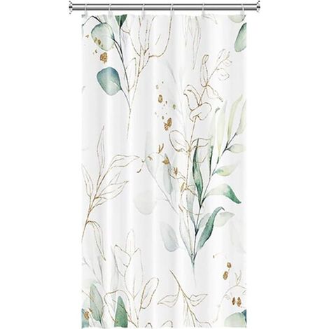 Rideau de douche anti-moisissure - 120 x 180 cm, polyester imperméable - Motif eucalyptus - Avec anneaux de suspension - Vert (1/5)