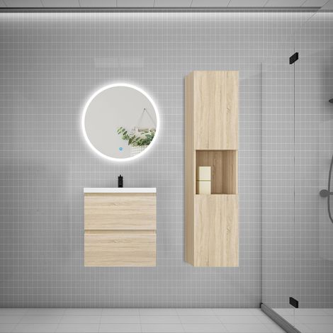 AICA Ensemble meuble vasque L.50cm 2 tiroirs + lavabo + LED miroir rond 60cm + colonne,chêne (1/5)