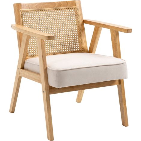Silla tapizada exótica, madera de caucho, cojín del asiento con aspecto de lino, 63 cm de largo x 69 cm de ancho x 78 cm de alto, color blanco crema.