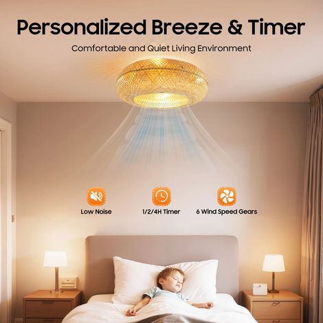 HAUTOUR Ventilateur de plafond rétro en rotin tressé avec éclairage E27 – 5 pales – 6 vitesses – Télécommande incluse – Pour espaces jusqu'à 10-15 m², Ampoule non incluse (1/5)