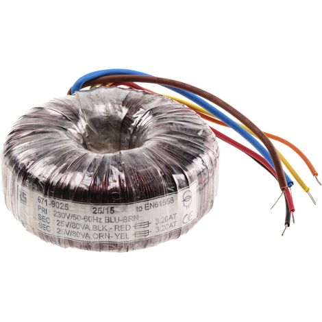 Transformateur torique RS PRO 2 sorties, 230V c.a. 2 x 25V c.a., 160VA ( Prix pour 1 )