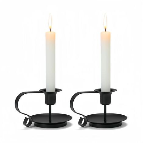 Lot de 2 bougeoirs rétro en fer noir avec poignée, bougeoirs décoratifs vintage pour table et centres de table pour la Saint-Valentin, Noël et Hallowe (1/5)