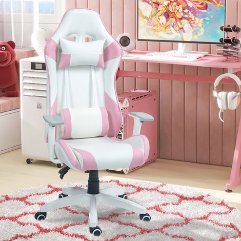 Fauteuil Gamer Coussin Lombaire Accoudoirs Réglables Appuie-tête Amovible Hauteur Réglable 67x60x120-128 Rose