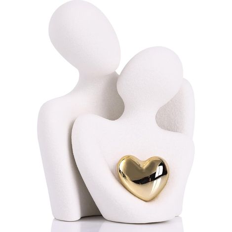 Statuetta romantica di coppia in ceramica bianca, 8 cm, scultura astratta con cuore dorato, statuetta d'amore per decorazione soggiorno/camera da letto, regalo di San Valentino, anniversario, matrimon