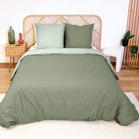 Parure de lit 220x240 cm CÔTÉ DÉCO 100% coton bicolore vert - Housse de couette + 2 taies 63x63 cm