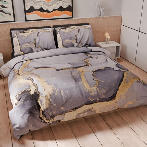 Housse de Couette 2 Places 250x200 cm 2 Taies 50x80 cm Incluses, Parure en Microfibre Imprimée Gris Foncé (1/5)