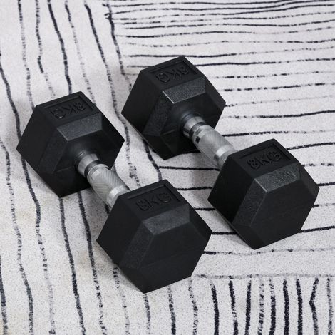 Set mit 16 kg schweren, sechseckigen Kurzhanteln – Muskeltraining & Gewichtheben – schwarzes Metall und Gummi