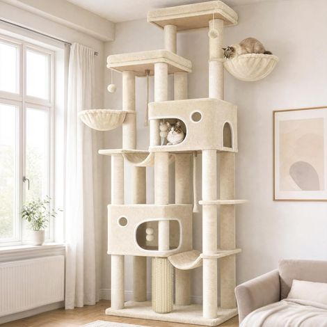 Arbre à Chat, XXL Grand Tour à Chat de 213 cm de Haut, avec 10 Griffoirs, 2 Grand Plateformes Grottes, 2 Hamacs, Panier a Chat, Pompons, Convient aux Chats Maine Coon, Beige