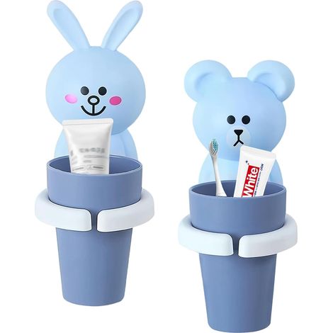 Juego de 2 vasos infantiles con forma de animal para montar en la pared, no requiere taladrar, para un vaso, un cepillo y pasta de dientes. (1/5)
