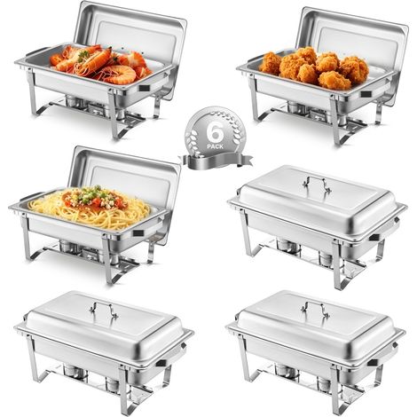 VEVOR Set da Buffet per Scaldavivande 7,5 L Scaldavivande Rettangolare in Acciaio Inox, 6 Pezzi, con 6 Padelle di Dimensioni Standard, Coperchio Supporto per Padella per Acqua e Carburante, Argento