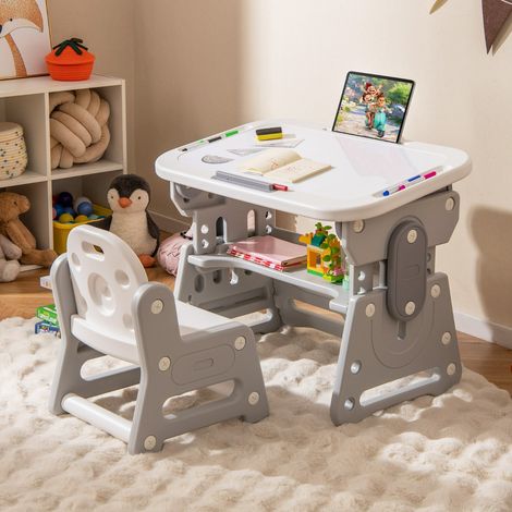 3 en 1 Montessori Table et Chaises pour Enfants Réglable en Hauteur avec Tableau Blanc Inclinable Espace de Rangement pour 3+ Ans Gris (1/2)