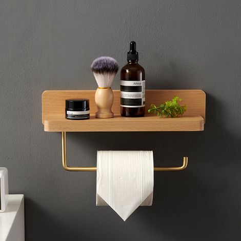 Devidoir Porte Papier Toilette Double Installation Bois Massif Hêtre Dérouleur Support Papier WC Mural Auto-adhésif Coins Arrondis Porte Rouleau de Papier Décor pour la Salle de Bain Cuisine (Hêtre) (1/5)