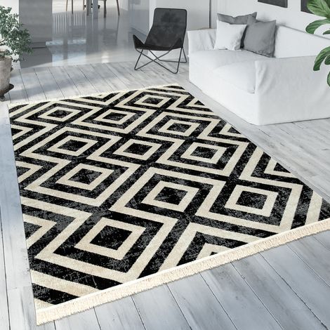 Paco Home Robusto tappeto da esterno in bianco e nero per balcone o terrazza con design scandinavo e motivo a rombi Ø 160 cm tondo