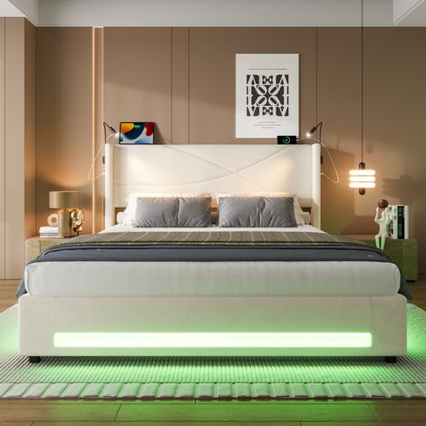 (Ancien SKU:W1880S00069)Cadre de lit au design moderne avec 2 lampes de lecture, bandes lumineuses LED, rangement hydraulique, structure de sommier à lattes stable, ports USB et capacité de charge éle (1/5)