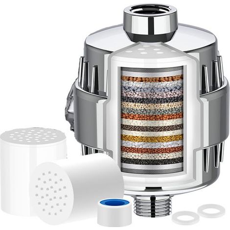 Juego de 2 filtros de ducha universales de 20 niveles + 1 filtro - Purificador de agua dura - Elimina metales pesados y otros sedimentos (1/5)