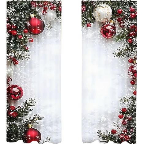 Rideaux de Noël pour fenêtre, 2 pièces, imprimé boules, rideaux de fête 2D imprimés à plat (1/5)