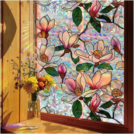 Film Fenetre Anti Regard Effet Arc-en-Ciel 43 x 100cm, Film Electrostatique Vitre Motif de Fleur de Magnolia Non Adhesif Anti UV Vitrail Décoratif Br (1/4)