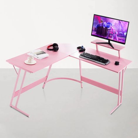 L-shaped Computer Desk Large Home Office Writing Workstation Corner Desk Space Saving PC With Monitor Stand,Pink (1/5)