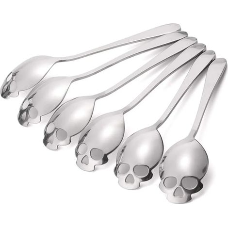 6 Cuillères à Café Crâne en Acier Inoxydable, 15cm, Résistantes au Lave-Vaisselle (1/5)