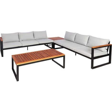 Garten-Garnitur HHG-066, Gartenlounge Lounge-Set Sitzgruppe Sofa, Metall Akazie Holz MVG-zertifiziert hellgrau