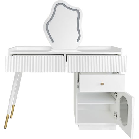 Coiffeuse blanche avec miroir LED, 3 tiroirs et armoire latérale, 100 x 40 x 75 cm (1/5)