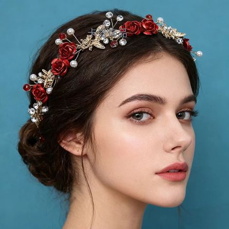 Diadema roja, al estilo Mori girl, un accesorio para el cabello etéreo y hermoso, una diadema de cuento de hadas ideal para bodas. (1/3)