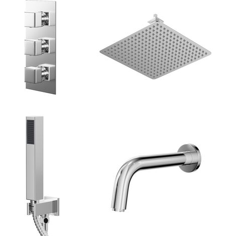 Cubix Polished Chrome Concealed Triple Thermostatic Shower Valve with Diverter and 400mm Square Head with 150mm Ceiling Arm and Outlet Holder with Kit and Bath Spout - 3 Outlet (1/5)