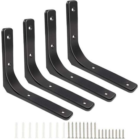 équerres étagère Murale, 4 Pièces Equerre Metal 150mm x 200mm Equerre Charge Lourde Support Etagere Murale, Finition Noir Brillante Pour étagère Suspendus Placard Déco (1/4)