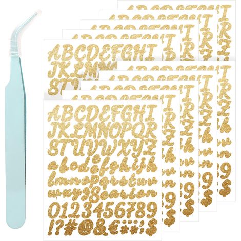 Lot de 10 feuilles d'autocollants en forme de lettres autocollantes dorées brillantes avec pince à épiler, lettres autocollantes résistantes aux intempéries pour mariage, anniversaire, porte, boîte (1/5)