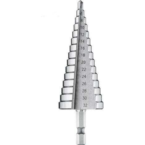 Foret étagé, foret metal, fraise metal, foret etage, diamètre 4-32 mm, acier inoxydable, plastique et bois - Foret conique HSS - Tige de 6.35mm - Foret à tôle Step Drill Bit (4-32 mm) (1/5)