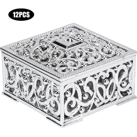 12 Pièces Boîte à Bonbons Carrée Creuse Style Européen, Boîte à Sucre Argentée pour Mariage (1/5)