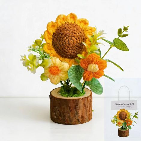 Sunflower knitted to the hand in pot – Decoration indoor bohemian for desk, car, panel of edge, sunflower artificial cute the hook – Gift inspirant for woman, maman, wife, sœur (1/5)