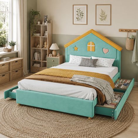 Lit cabane enfant 140x200 cm rembourré avec 4 tiroirs, lit maison en velours doux, tête de lit capitonnée, rangement, Bleu vert (1/5)