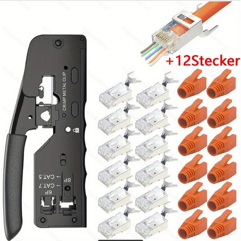 Crimpzange Netzwerkstecker Set,Crimpzange rj45 mit 12Cat 7 Cat6A Lan Stecker, netzwerk werkzeug set für RJ45 Stecker Cat7 Cat6A Cat5 Cat5e Cat6... (1/4)